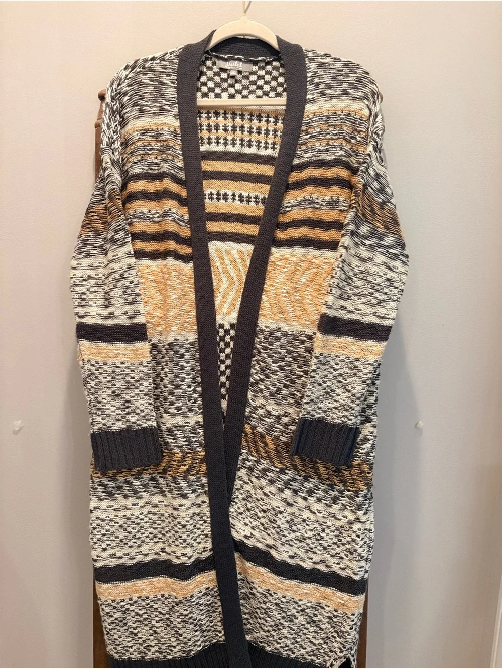 Marled Striped Open-Front Cardigan in Mustard, Gray & Cream - Picture 2 of 7
